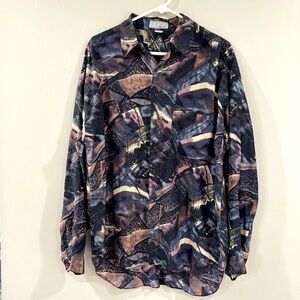 Vintage Autumn Mountain silk button down mens artsy shirt art deco